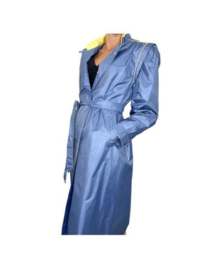 Vintage 70s 80s blue yellow puff shoulder stand collar retro trench coat 12